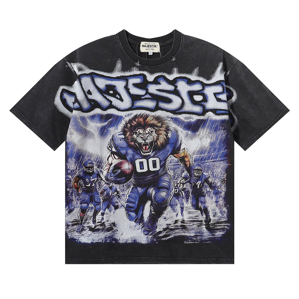 MAJESTIK Lion Football Rhinestone Crop T-Shirt