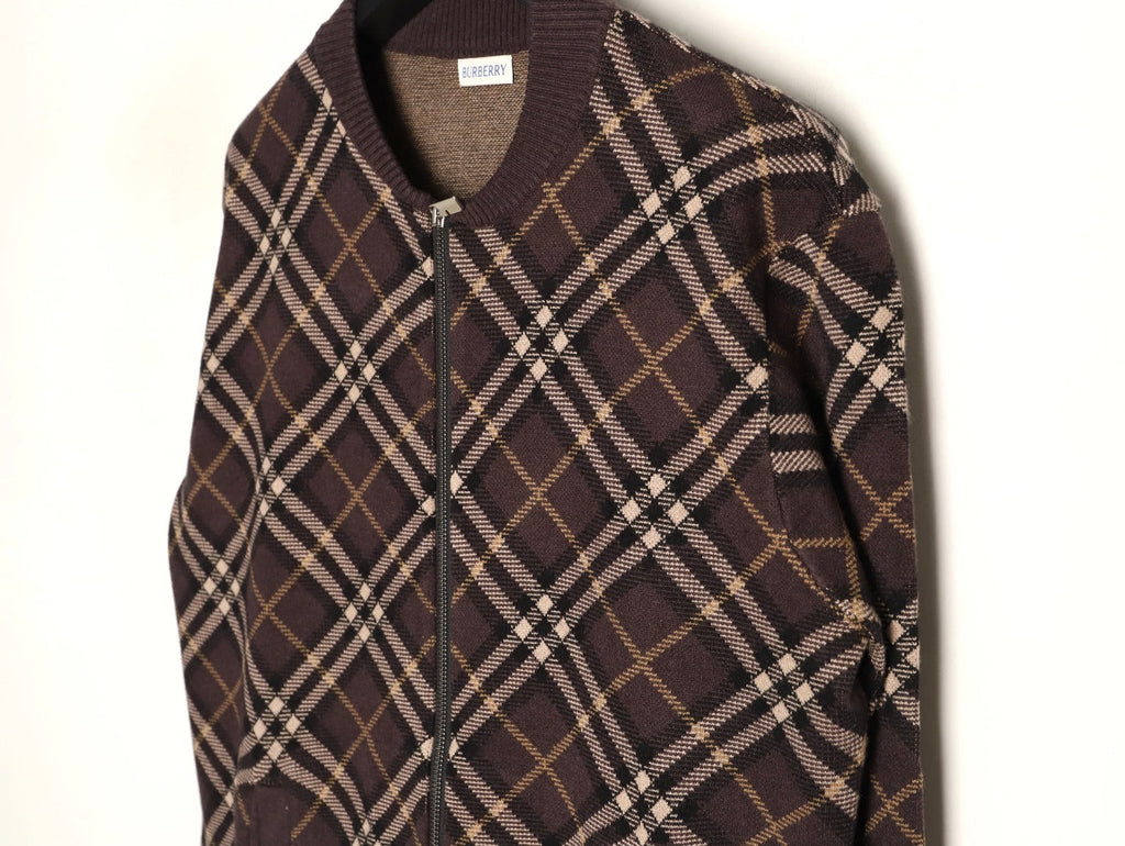 Burberry Diagonal-Check Zip Knit Cardigan - Dark Brown